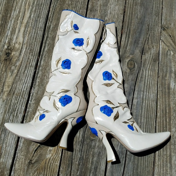 SOLD Miu Miu Runway 2012 Blue Gold Rose Heel Boots - Picture 4 of 8